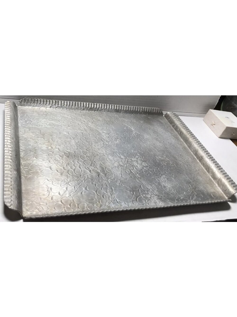 Vintage 1960s MCM Designed Aluminum Hammered Engraved Fruit Tray Rectangle